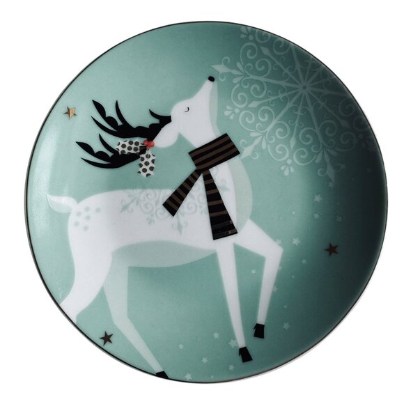 Vintage Pier 1 Christmas Reindeer Appetizer Dessert Plates Set Of 2 Aqua Festive - Picture 5 of 16